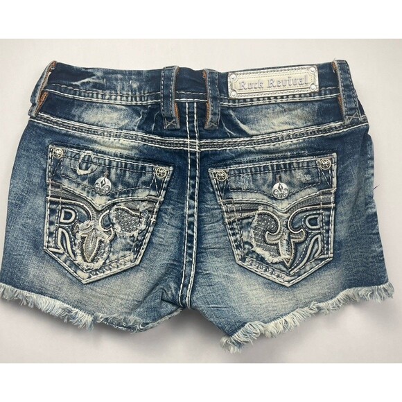 Rock Revival Shorts Y2k Jean Cut Off Distressed‎ Raw Hem Mid Rise Embellished 25 - Picture 1 of 8